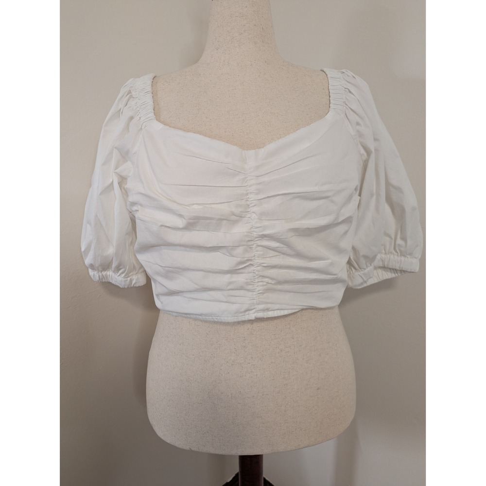 Abercrombie & Fitch White Smocked Square Neck Puff‎ Sleeve Crop Top Womens XL